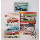 Seven various mixed manufacture 1/24 scale plastic race car kits to include Fujimi, Esci, Revell and