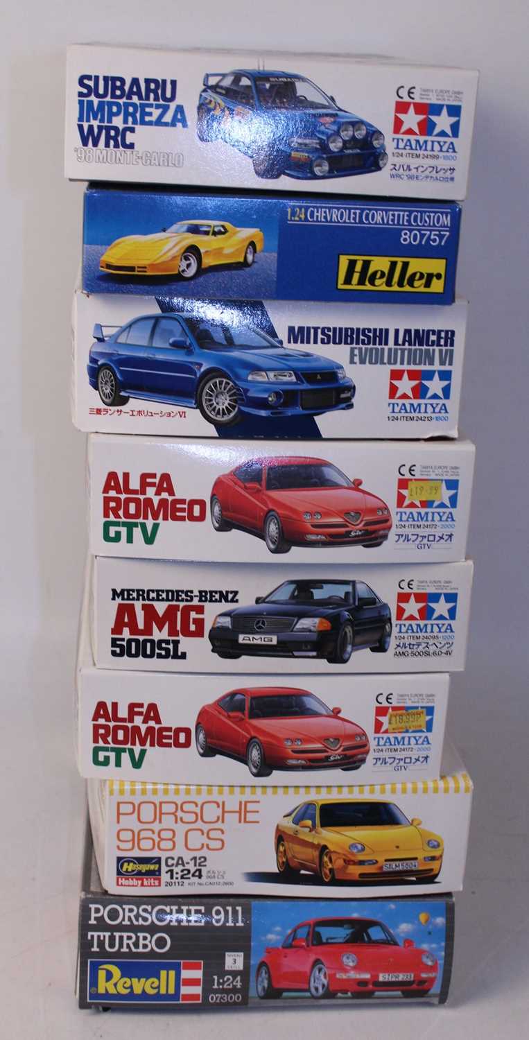 Eight various boxed as issued Tamiya, Heller, Revel, and Hasegawa 1/24 scale high speed racing and