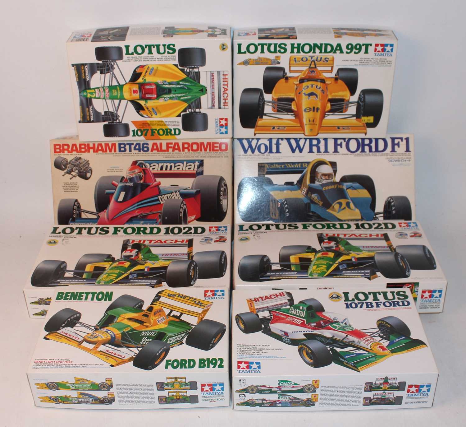 Eight various boxed Tamiya 1/20 scale Formula One related plastic race car kits to include a Lotus