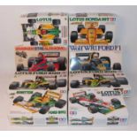 Eight various boxed Tamiya 1/20 scale Formula One related plastic race car kits to include a Lotus