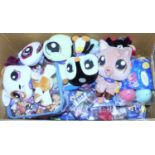 Two boxes containing a large quantity of Littlest Pet Shop action figures, soft toys, and