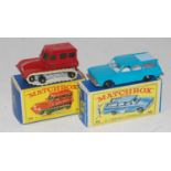 Matchbox group of 2 models as follows, 35 snow trac in red with cast "snow trac" cast on side with