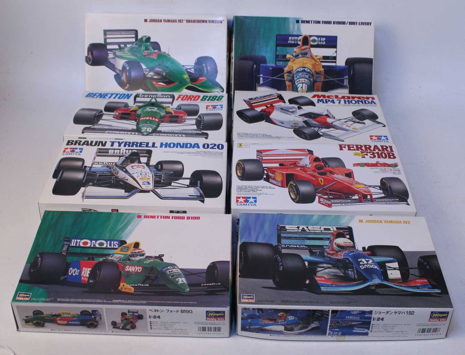 Eight various boxed Tamiya and Hasegawa 1/24 scale Formula One racing plastic car kits to include