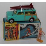 A Corgi Toys No. 485 The BMC Mini Countryman Surfing Model comprising of green body with lemon
