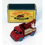 A Matchbox Lesney No. 13 Thames Trader wreck truck, comprising red body with grey plastic wheels,