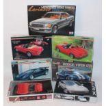 Seven various boxed 1/24 scale plastic high speed racing and sports car kits, all appear as issued