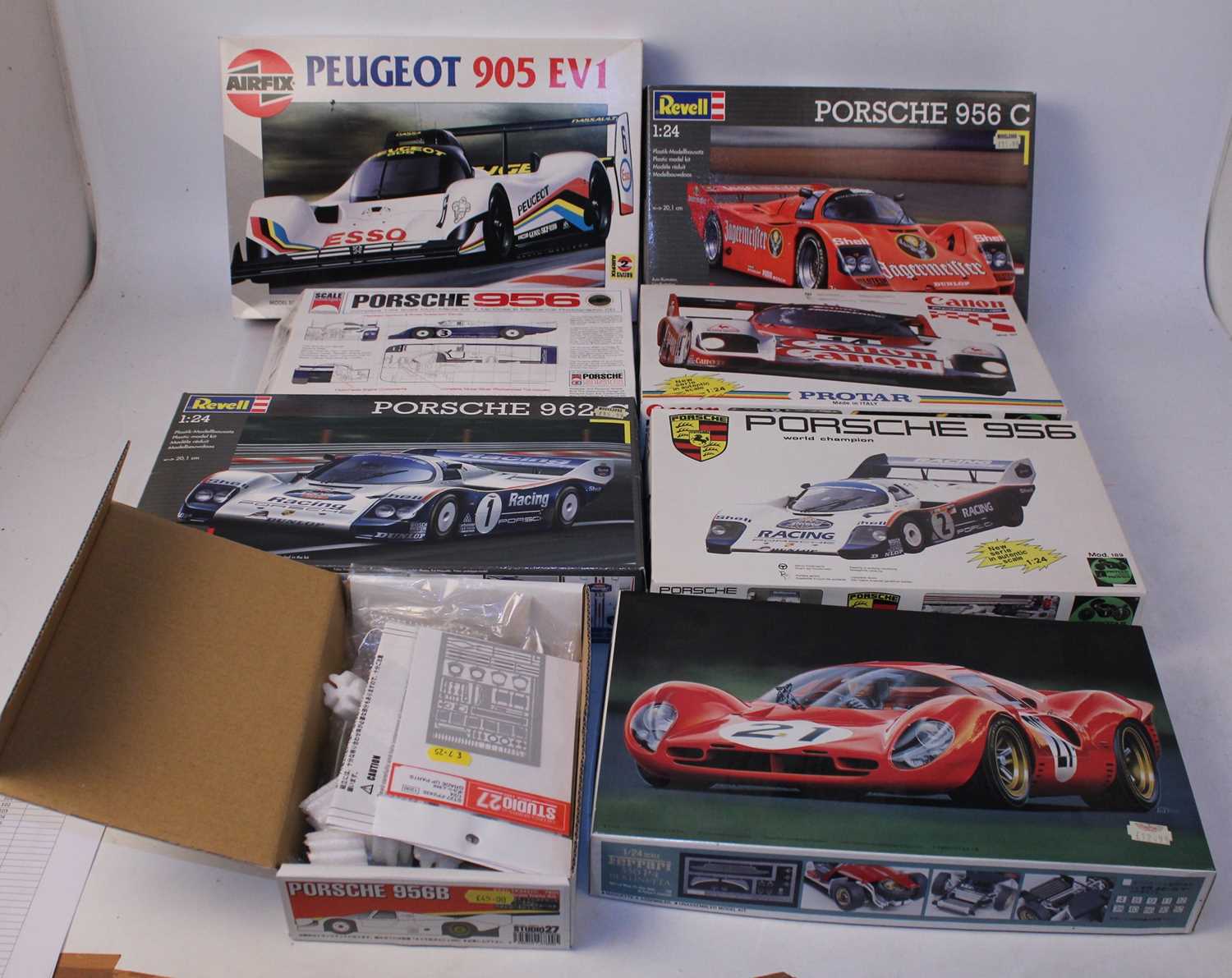 Eight various boxed 1/24 scale plastic and white metal racing car kits to include Studio 27, Tamiya,