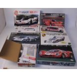 Eight various boxed 1/24 scale plastic and white metal racing car kits to include Studio 27, Tamiya,