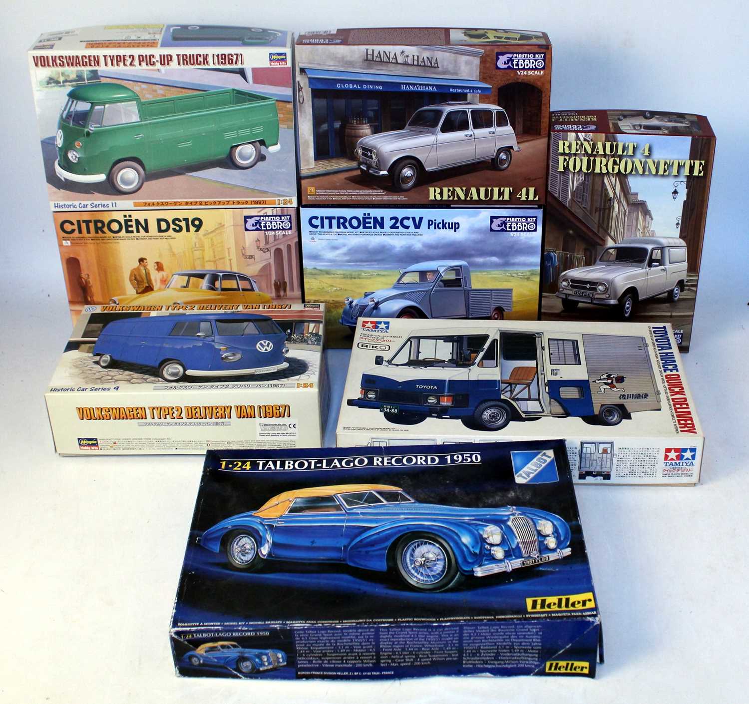 Eight various boxed 1/24 scale Tamiya and Ebbro/Heller plastic commercial vehicle and saloon kits to