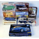 Eight various boxed 1/24 scale Tamiya and Ebbro/Heller plastic commercial vehicle and saloon kits to