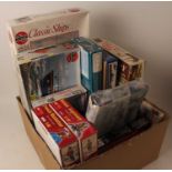 Two boxes of various mixed plastic kits to include military interest, sailing, live steam,