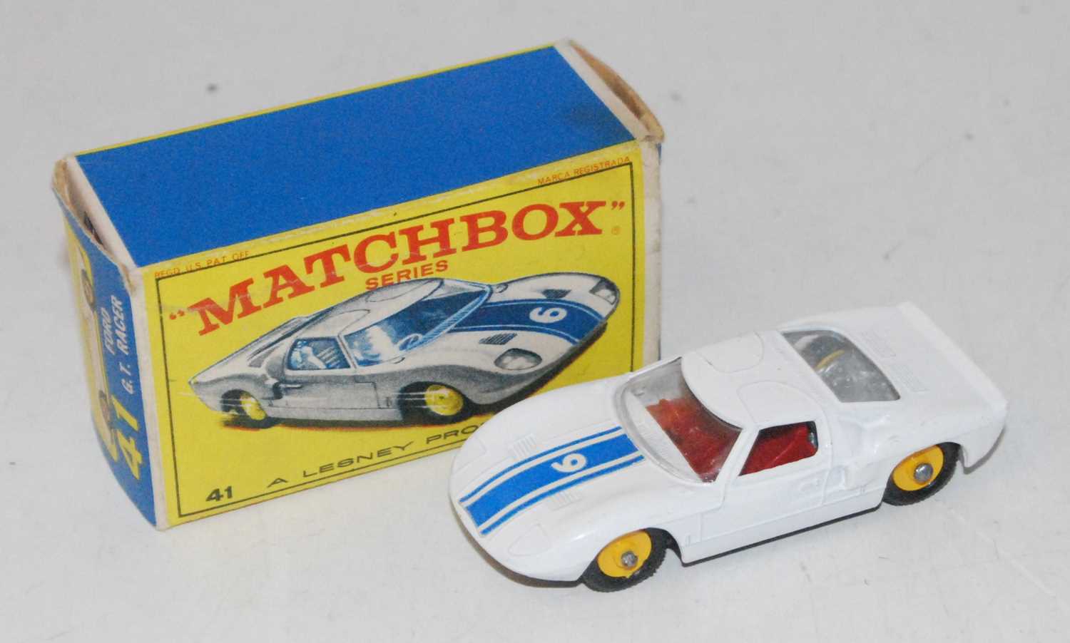 Matchbox 41 Ford GT in E box bonnet label fitted wrong way round a few tiny chips to the white paint