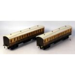 Two x reproduction Bowman GWR 1st/3rd composite bogie coaches with paper covered wooden sides,