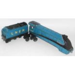 A G1 LNER blue Mallard locomotive, body and tender with set of wheels to fit (F-G)