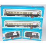 2x Airfix GWR green class 14XX tank engine (G-BG) and 2x GWR brown/cream autocoaches (G-BG)