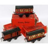 3 Hornby Series No. 1 passenger coaches c1924 LMS red No. 1124 coach clerestory roof, missing one