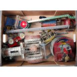 One large tray and an even larger box containing approx a dozen made-up Meccano from all eras,