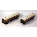 Two x reproduction Bowman GWR 1st/3rd composite bogie coaches with paper covered wooden sides,