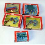 Five various boxed Britains window boxed farming implements, one example missing cellophane and