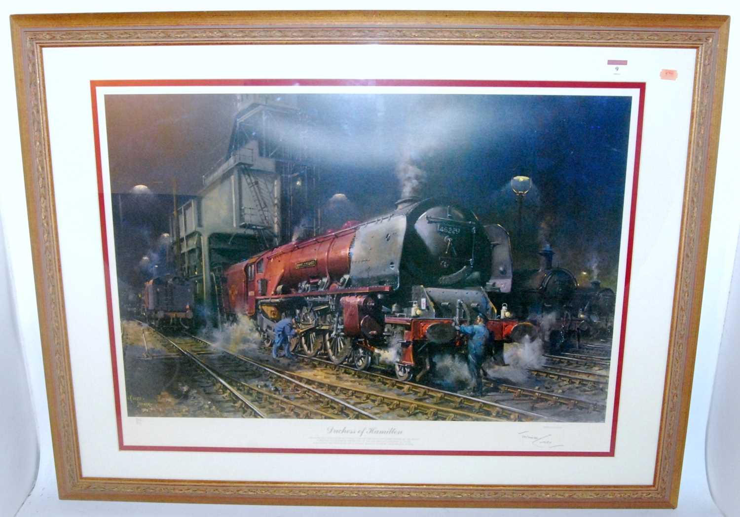 A framed and glazed Cuneo print ' Duchess of Hamilton', an engine shed scene, landscape, 39"x29"