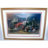 A framed and glazed Cuneo print ' Duchess of Hamilton', an engine shed scene, landscape, 39"x29"