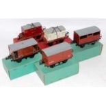 Hornby post-war wagons: No. 50 cattle truck (NM-BE) green, No. 50 goods brake (G-VG) (green BE); No.