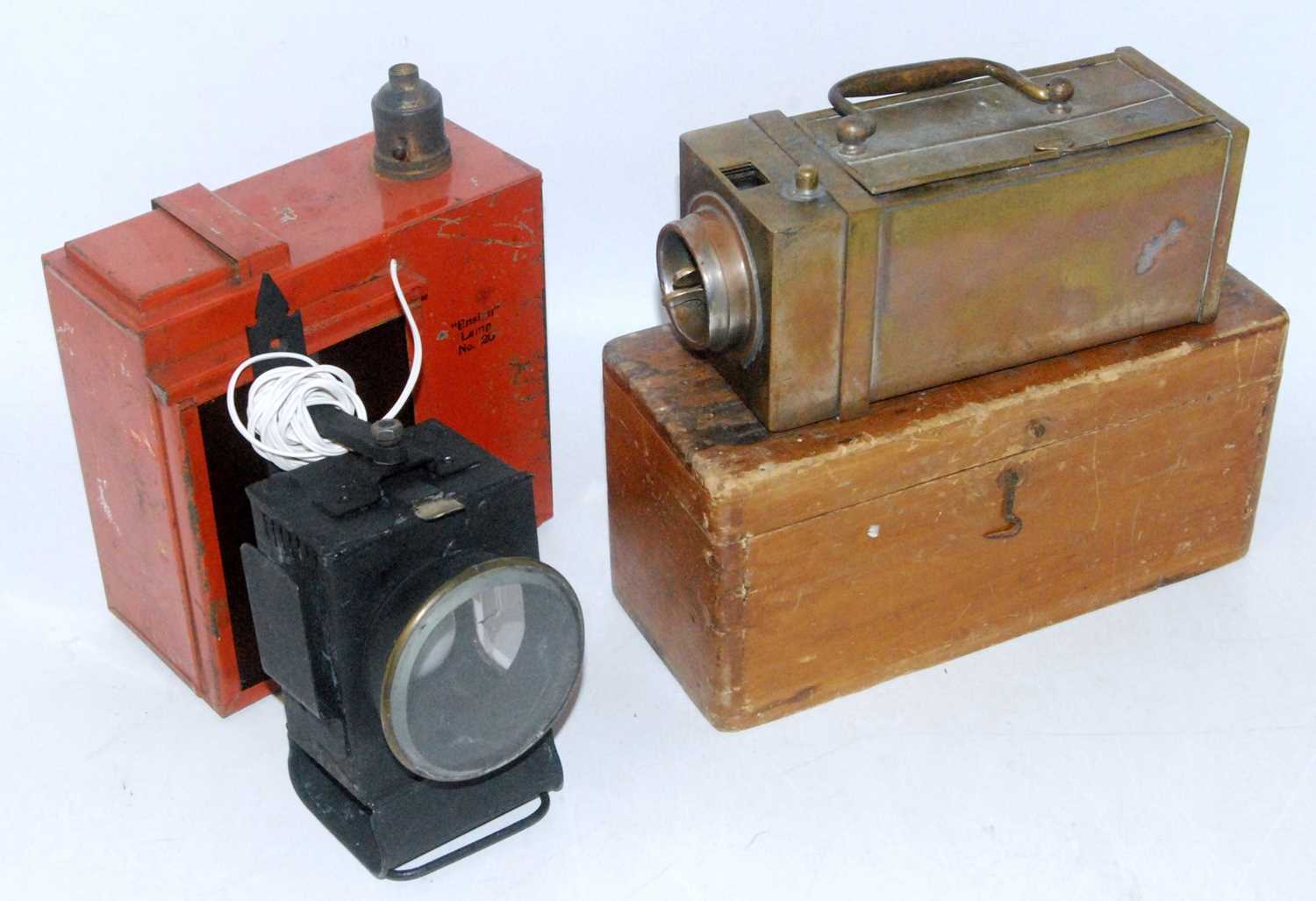 A measurement device in brass outer case RD West Skinn, Somerset, a warning lamp, Ensign lamp No.