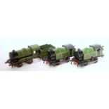 Three green Hornby 0-4-0 LNER clockwork locos - No. 0, 1931-6 with tender, revised body style