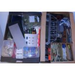 Two large trays and a small box containing railway buildings and accessories, mixed makes, many ex-