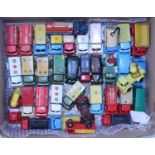 One tray containing 35 Wells, Brimtoy and Pocketoy and Triang Minic plastic and tinplate vehicles