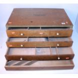 Empty No. 10 set 4-drawer light oak Meccano cabinet, bottom drawer without handles, partly