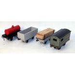 A small tray containing 3 x replica Bowman wagons including red tanker, 5 plank light grey open