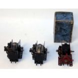 Three Meccano high voltage motors: 2x French hump back, one UK, long sideplate, boxed, overall (G)