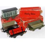 4 Hornby No. 1 wagons, McAlpine rotary tipper, grey type 1 chassis, McAlpine side tipping wagon, LMS