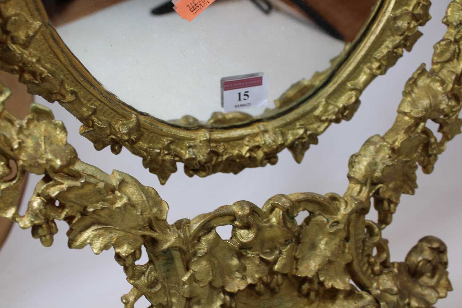 A 19th century gilt metal swing framed toiletry mirror, with scrolled and foliate decoration, h. - Image 4 of 8