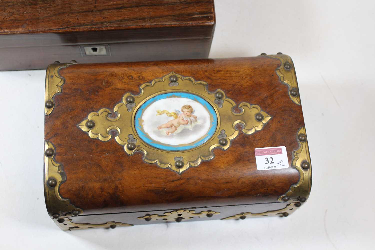 A Victorian walnut and brass mounted box, the hinged lid inset with an oval porcelain plaque - Image 2 of 19