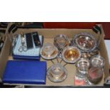 A box of assorted plated wares, to include table centrepiece, cased cruet set, cased flatwares,