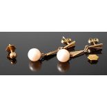 A pair of 14ct rolled gold drop earrings, each with 7.7mm simulated pearl, with post and scroll