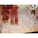 A collection of miscellaneous glassware, to include a set of three cranberry glass comports etched