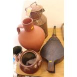 A milk churn; together with an earthenware pot; a pair of oak and studded leather bellows etc