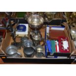 A box of assorted metalware, to include pewter tankard, trophy cup, souvenir spoons, loose flatwares