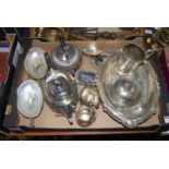A box of assorted plated wares, to include teapot, pair of sweetmeat dishes with glass liners,