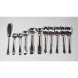 A small collection of 19th century and later silver flatware, to include mustard spoons,