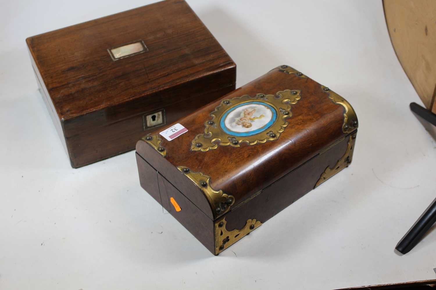 A Victorian walnut and brass mounted box, the hinged lid inset with an oval porcelain plaque - Image 5 of 19