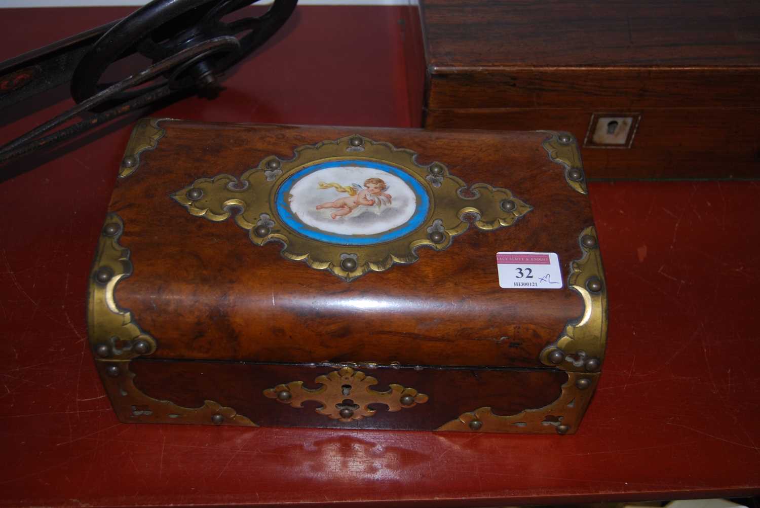 A Victorian walnut and brass mounted box, the hinged lid inset with an oval porcelain plaque - Image 8 of 19