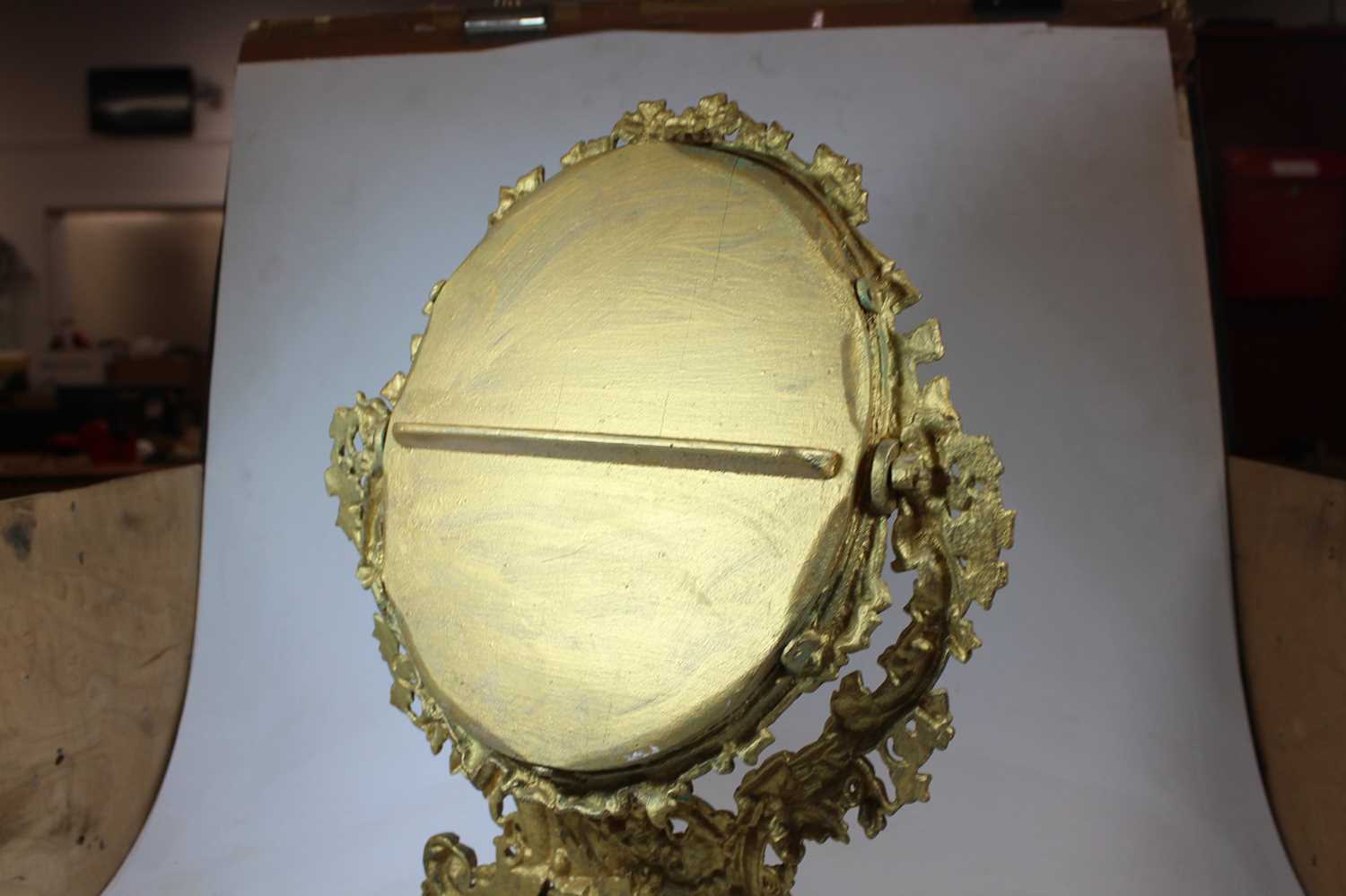 A 19th century gilt metal swing framed toiletry mirror, with scrolled and foliate decoration, h. - Image 7 of 8