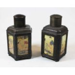 A near-pair of Chinese base metal tea canisters, each decorated with panels depicting erotic scenes,