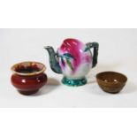 A Chinese export flambe glazed censor, 9cm dia, together with another brown glazed bowl and a