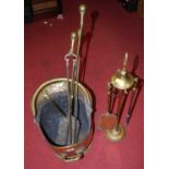 A collection of miscellaneous metalware, to include brass helmet shaped coal scuttle, fire tools