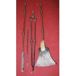 A set of 19th century steel fire tools, to include shovel, tongs, poker